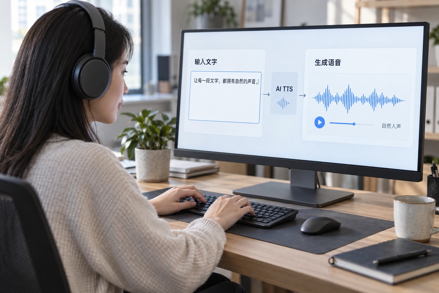 用户输入文字,通过 AI TTS 模型生成自然语音并使用耳机试听的场景示意